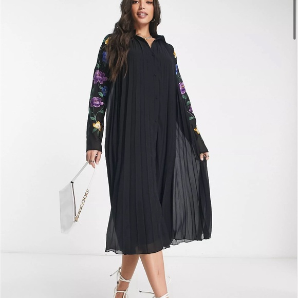 ASOS DESIGN Tall pleated midi shirt dress with embroidered sleeves in black - Picture 1 of 7